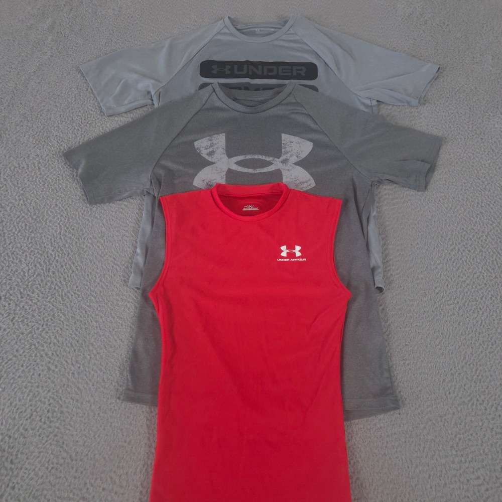LOT OF 3 Under Armour Shirt Mens Small Multi Velocity 2.0 Graphic HeatGear Logo‎